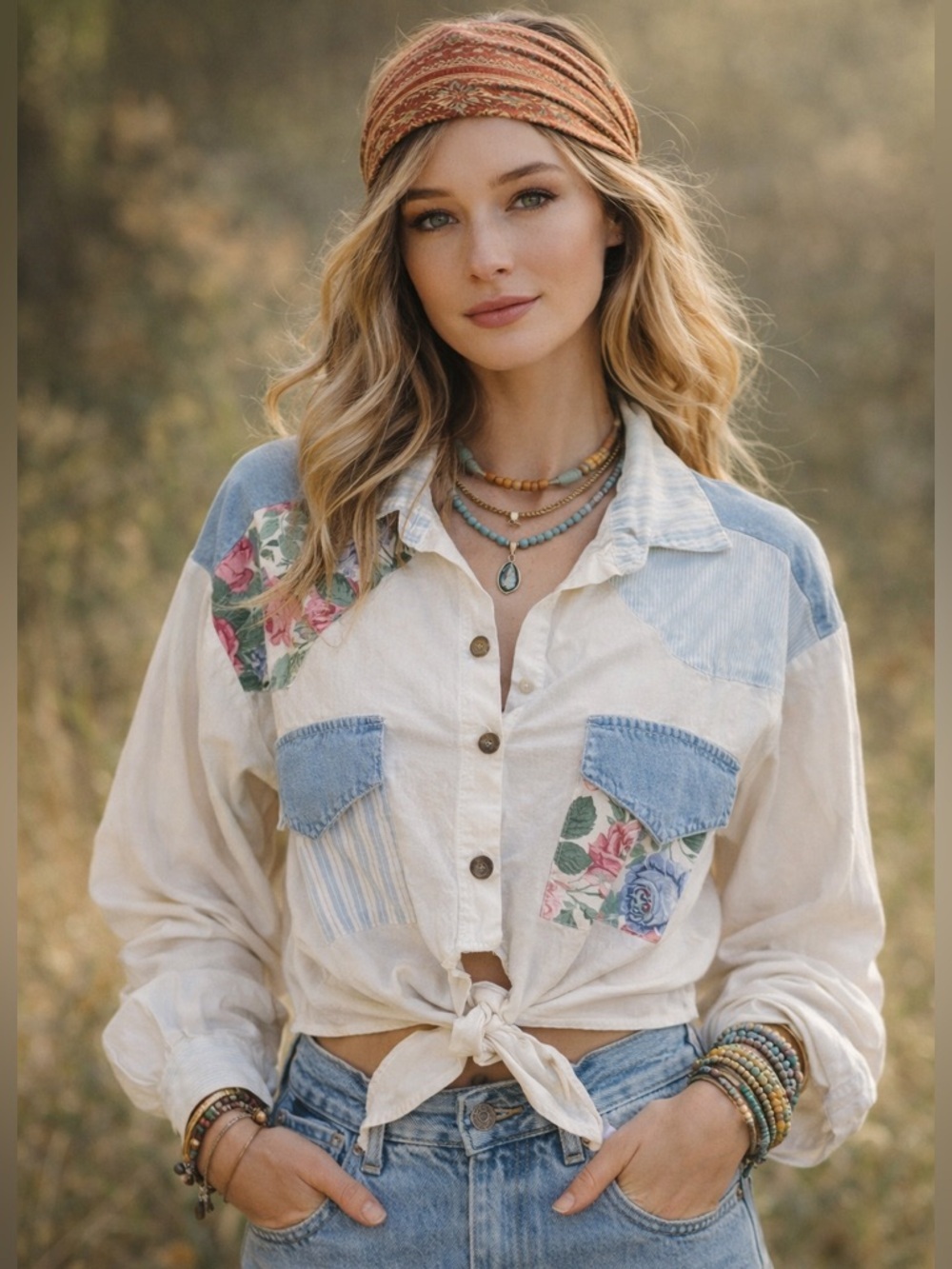 Vintage Patchwork Cropped Button Front Shirt White Cotton USA Made Medium
